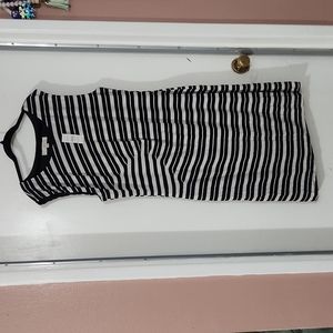 LOFT Black and Beige Striped Patterned Dress